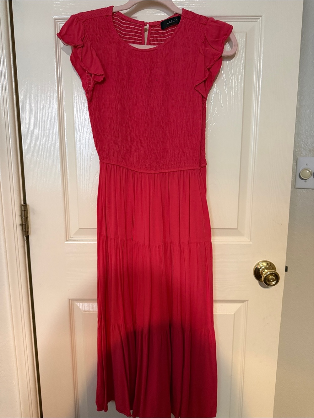 ZESICA Ruffle Sleeve Midi Dress in Peach